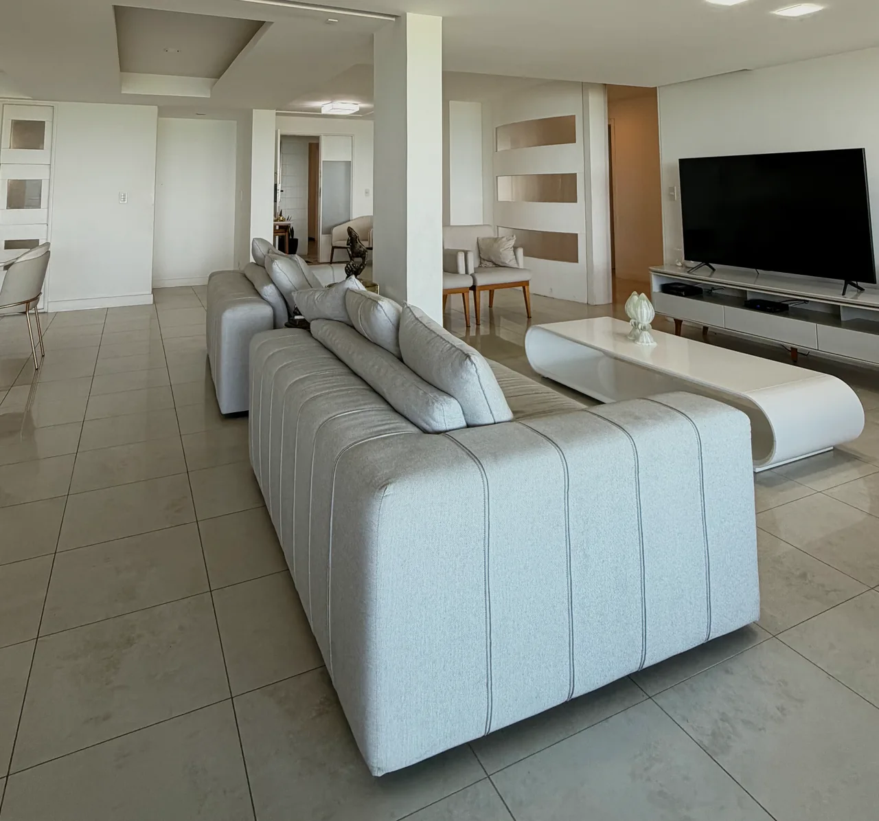 Área social ampla do apartamento, com espaço de estar.
