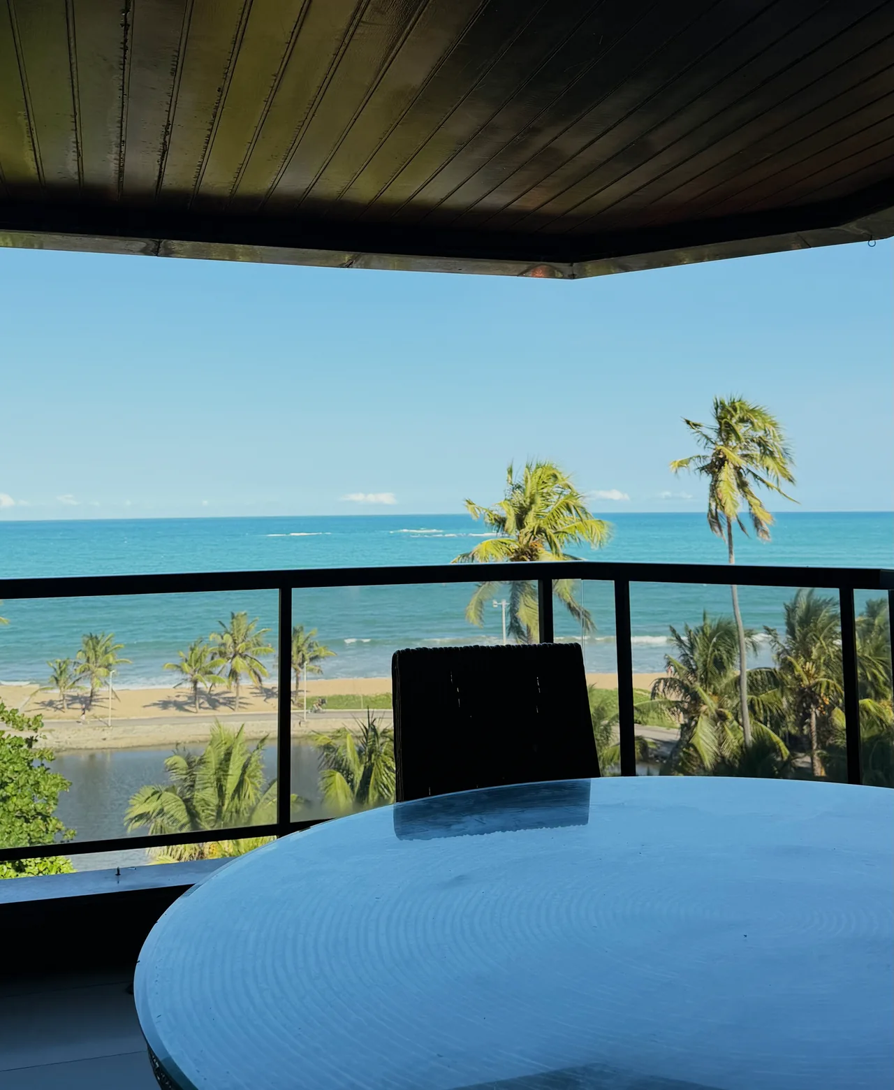 Vista da varanda externa do apartamento, com mar e coqueiros.